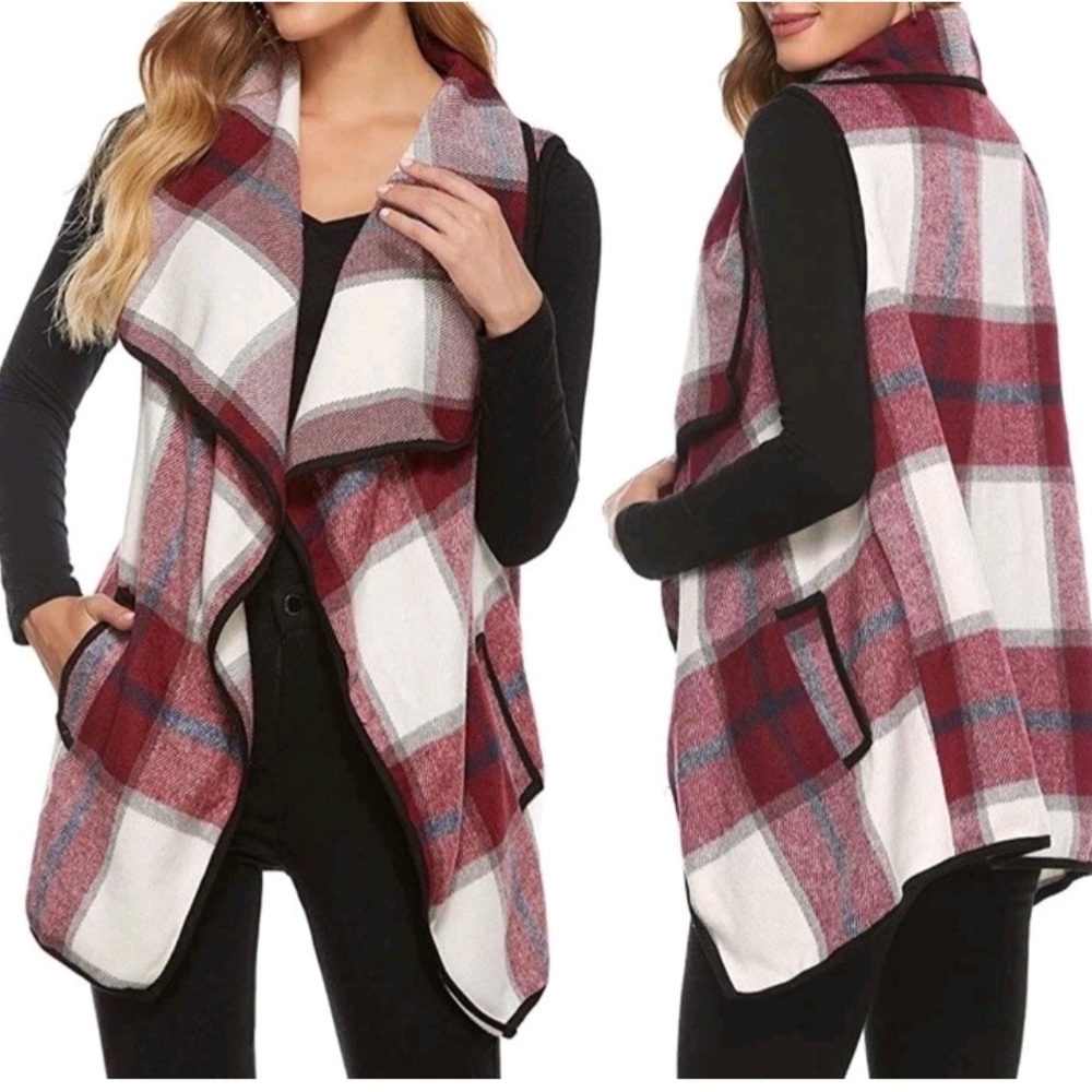 Plaid Open Front Vest - Red and White‎